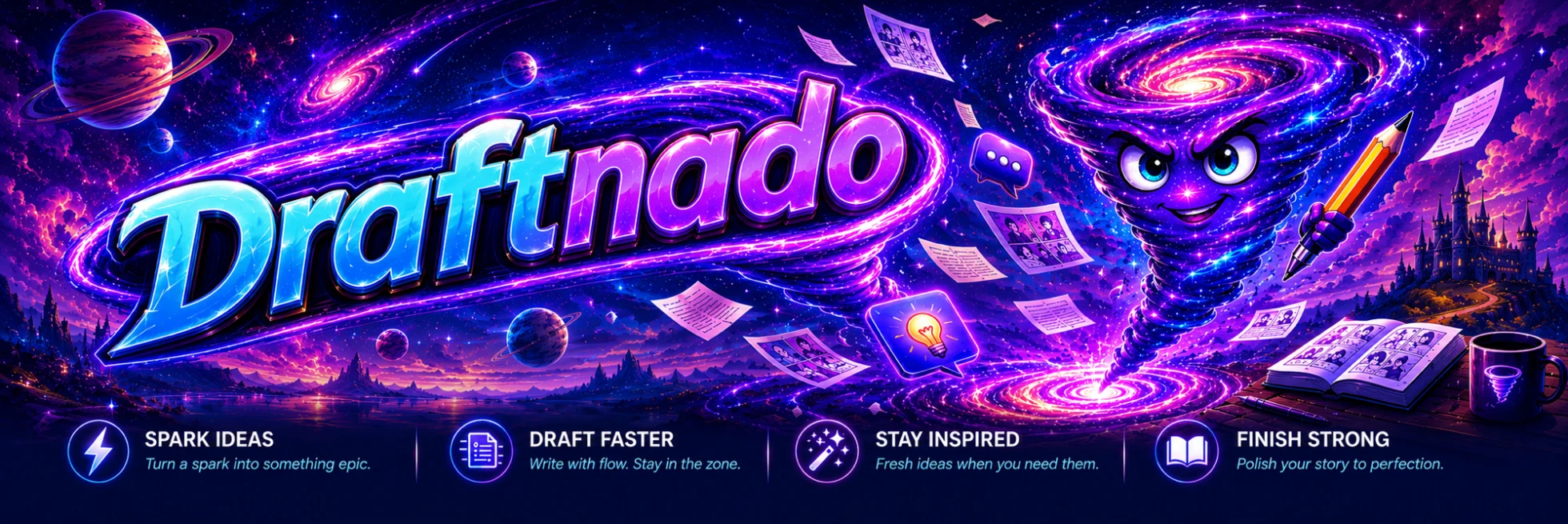 DraftNado hero art — the galaxy-tornado mascot amid floating manuscript pages, with the taglines Spark Ideas, Draft Faster, Stay Inspired, Finish Strong