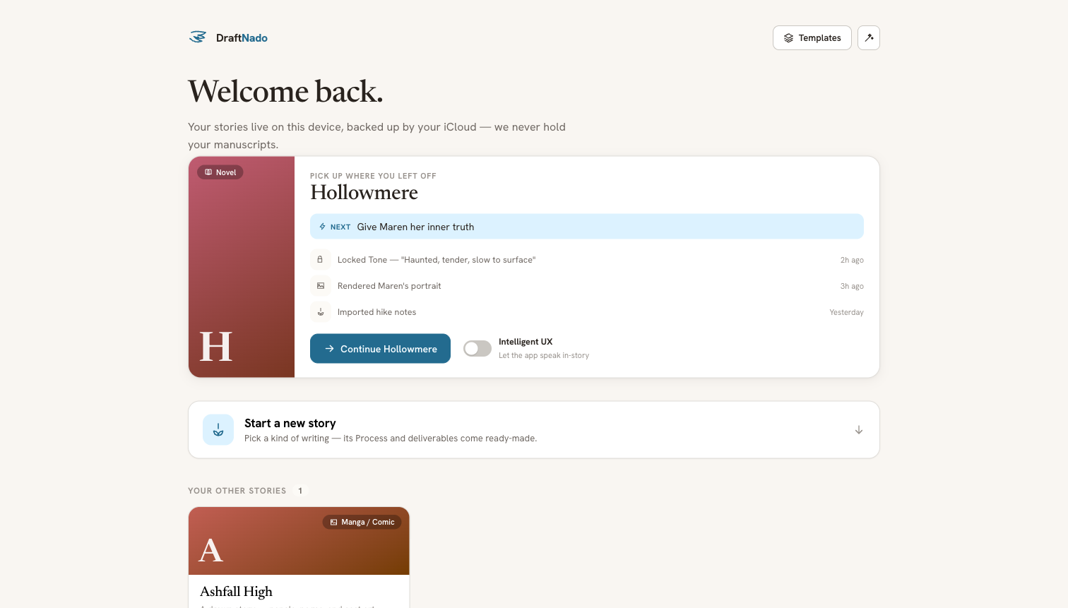 DraftNado home — pick up where you left off