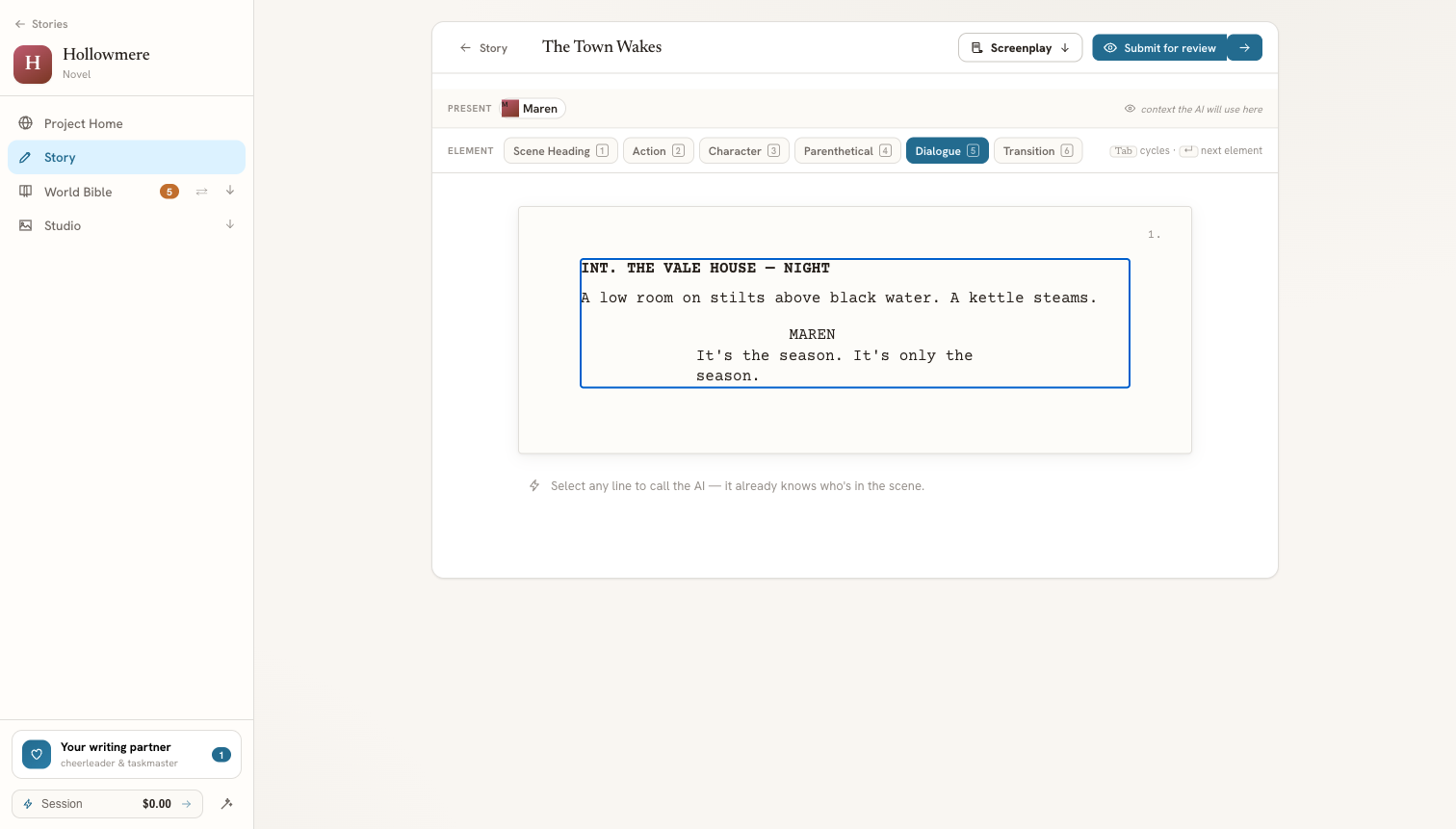 DraftNado screenplay mode